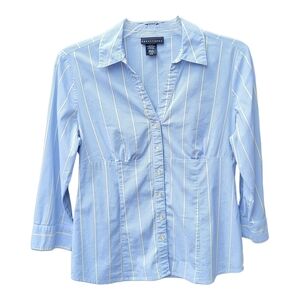 Apostrophe Womens Blue and White Striped Fitted Button Down Shirt - Size S